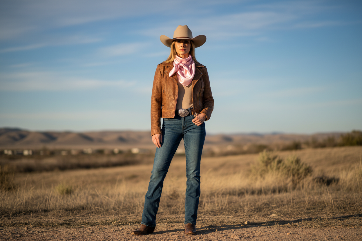 Pastel pink wild rag 23x23 styled with leather jacket and boots