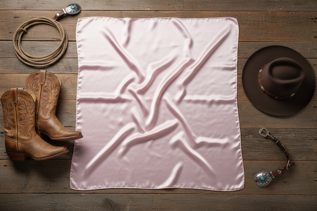 Pastel pink wild rag scarf flat lay with western accessories