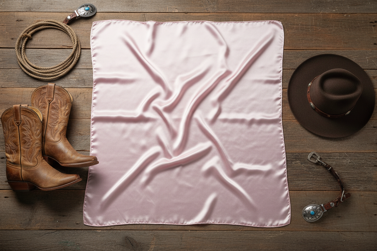 Pastel pink wild rag scarf flat lay with western accessories