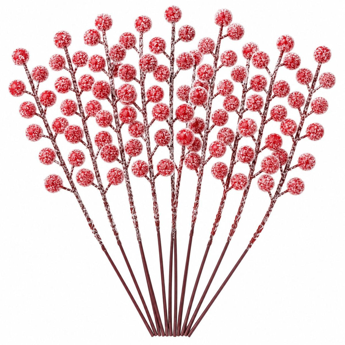 10 Red Artificial Snow Berry Stems, 9 Inch Flocked Christmas Picks for Wreaths