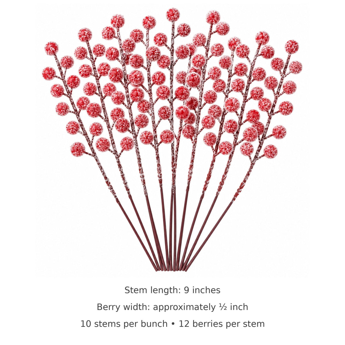 10 Red Artificial Snow Berry Stems, 9 Inch Flocked Christmas Picks for Wreaths