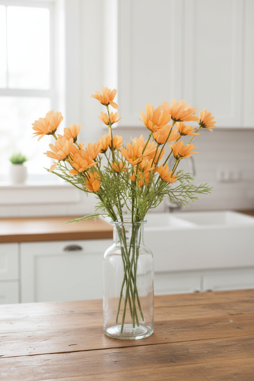 Peach apricot faux daisy stems in clear glass vase - farmhouse kitchen decor
