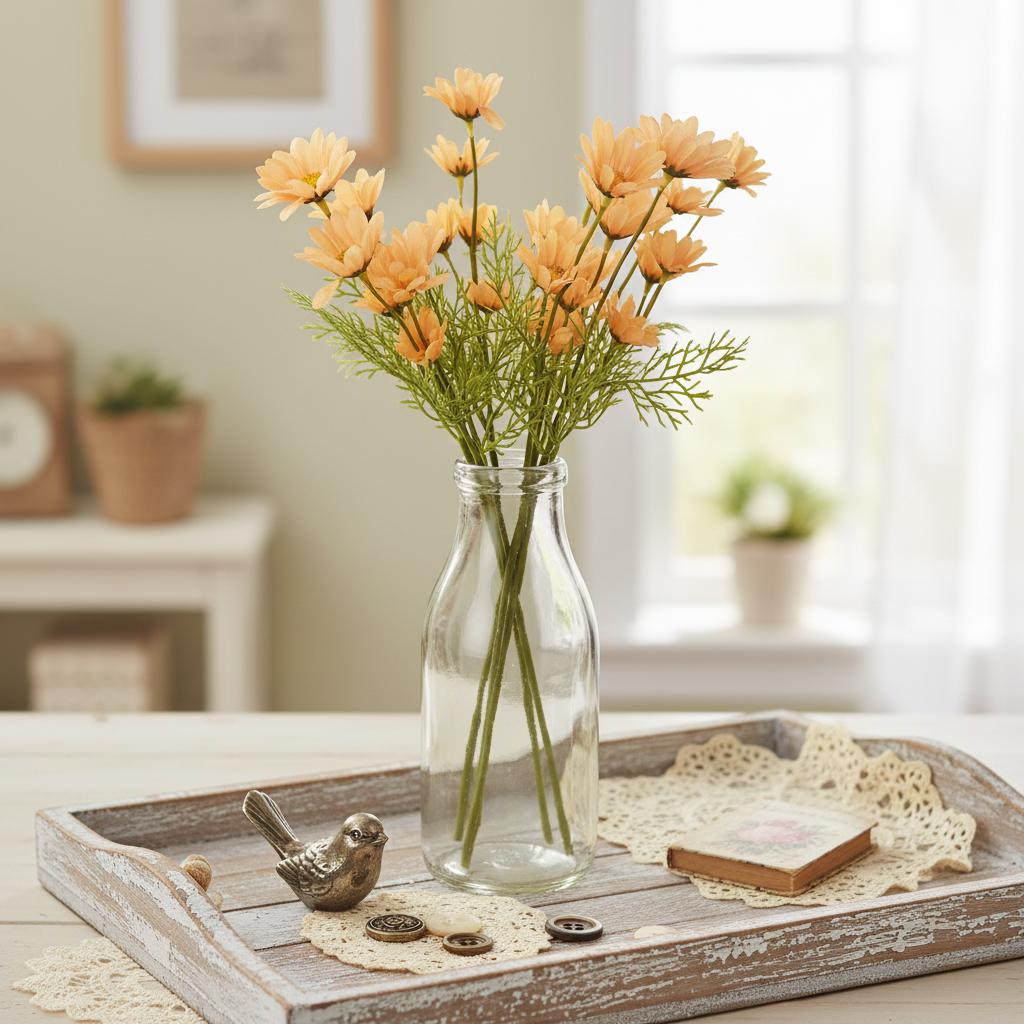 Peach apricot faux daisy stems in vintage milk bottle - shabby chic farmhouse decor
