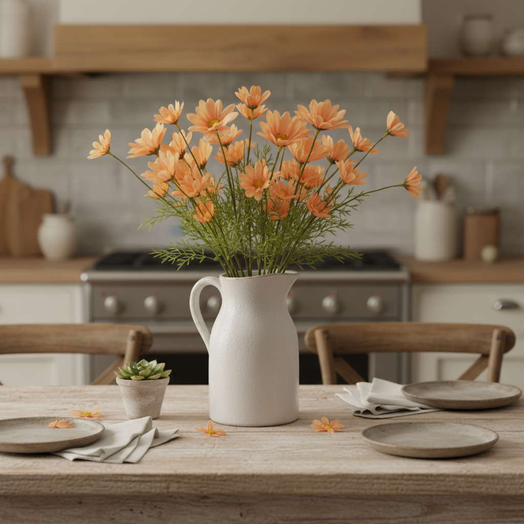 Peach apricot artificial daisy bouquet in white ceramic pitcher - spring table centerpiece
