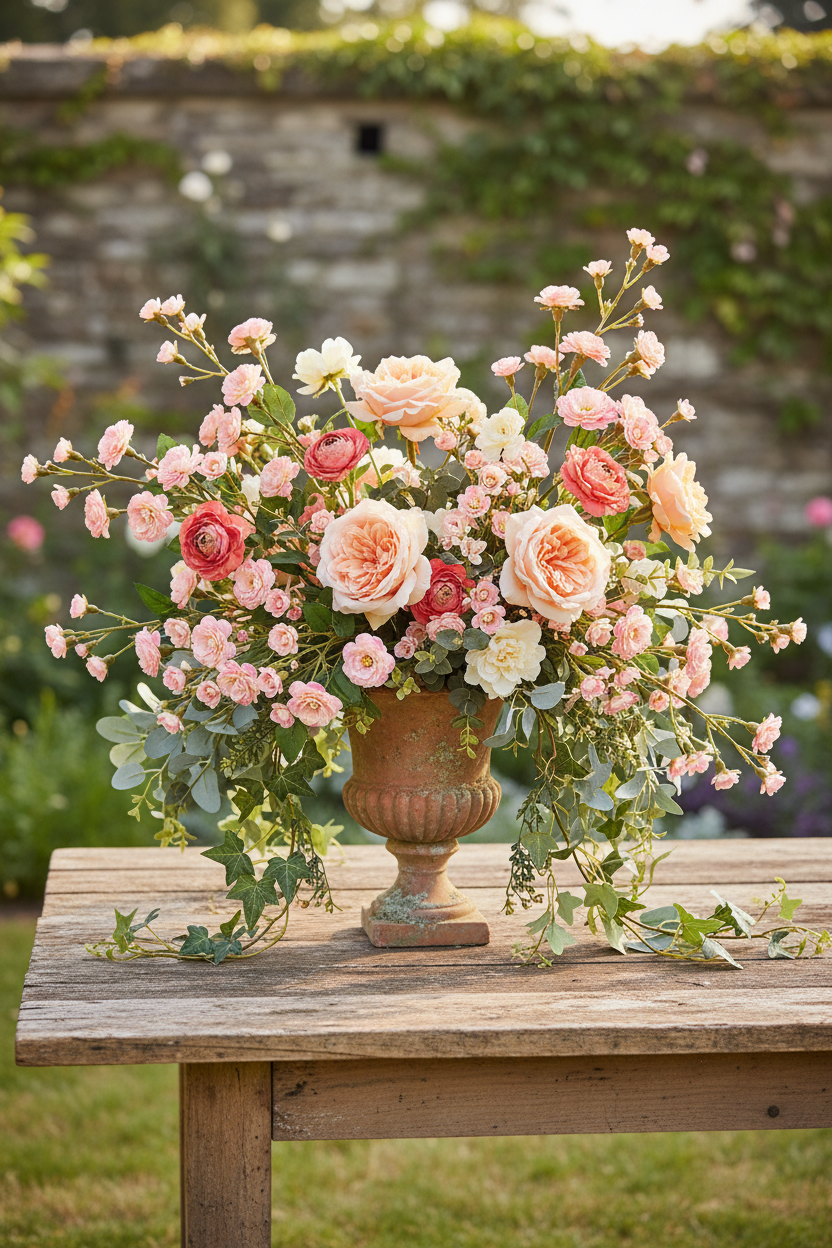 Peach Pink Garden Urn — Locked Tiny Pink Blooms