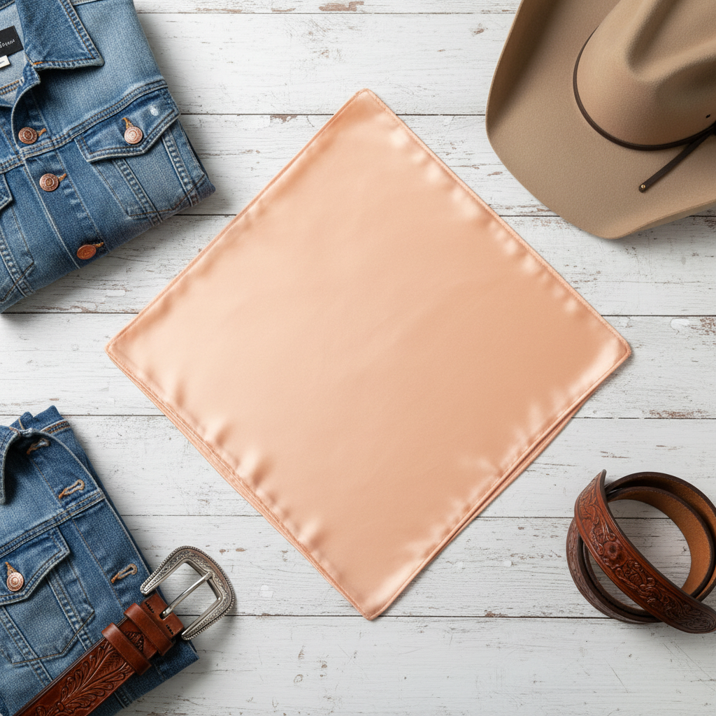 Peach wild rag 23x23 flat lay with denim jacket and cowboy hat