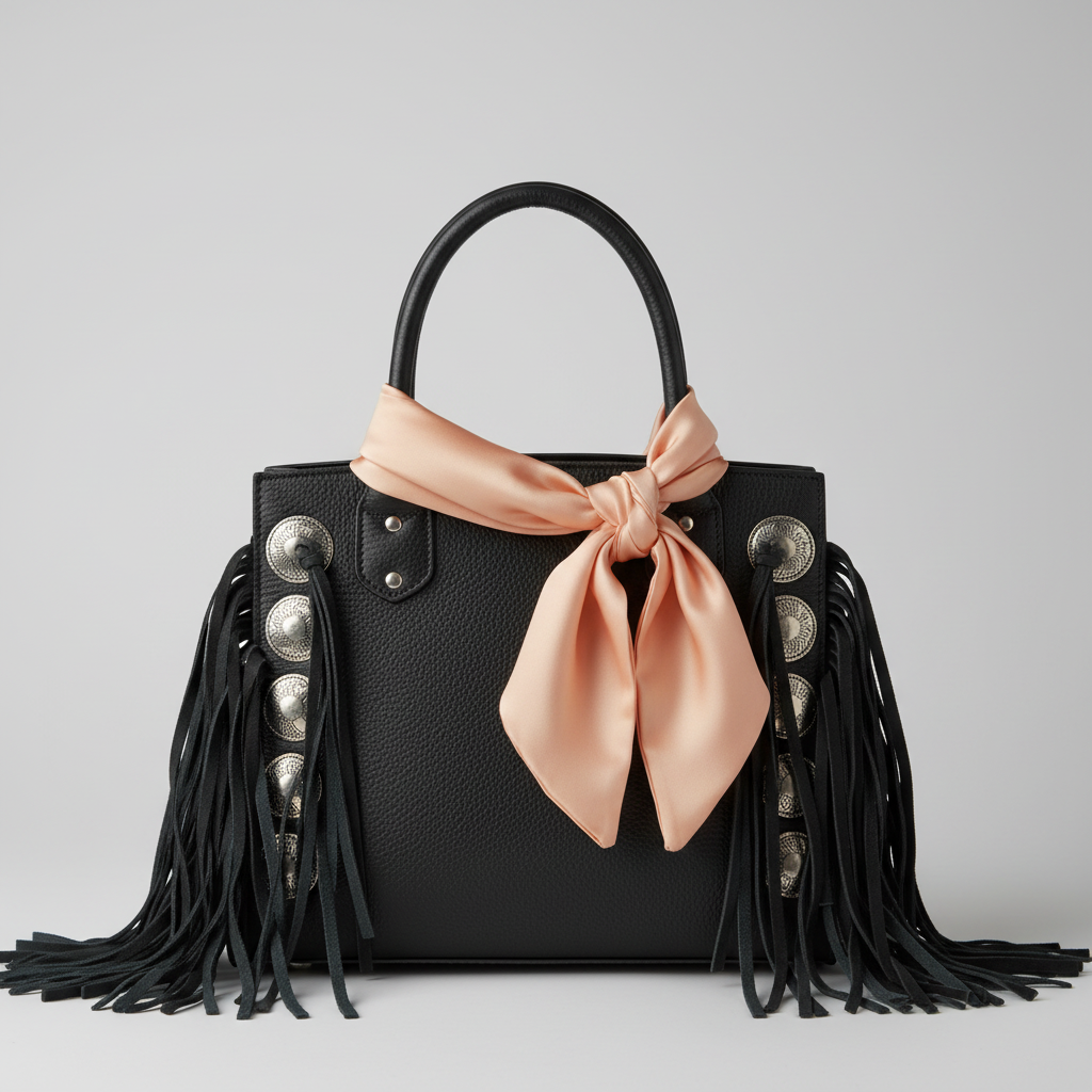 Peach wild rag 23x23 tied on black leather western purse with fringe