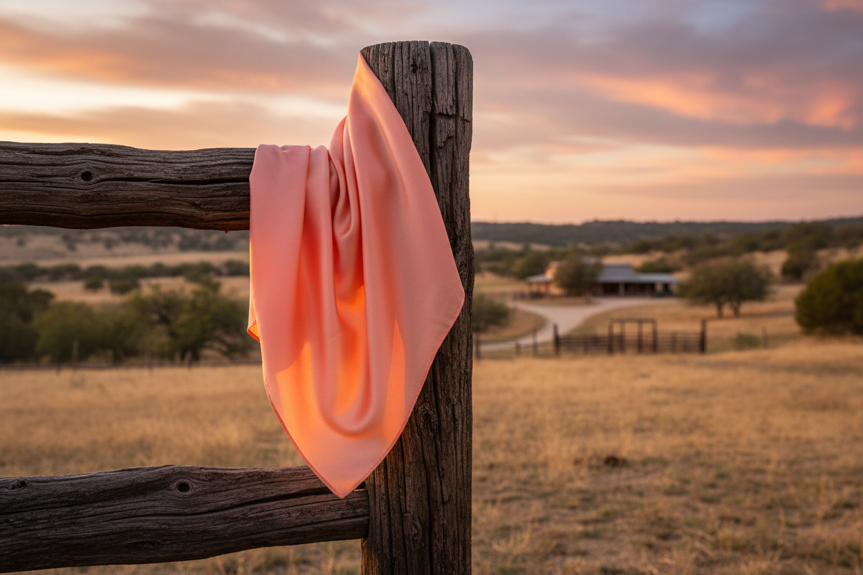 Peach wild rag scarf draped over ranch fence post
