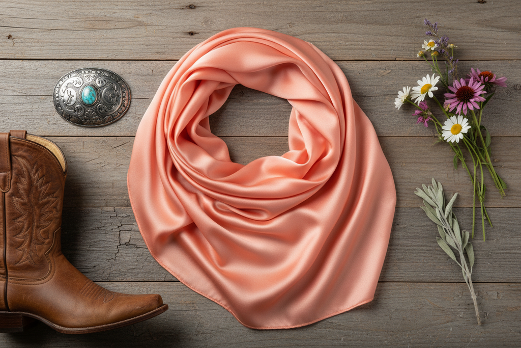Peach wild rag scarf flat lay with western accessories