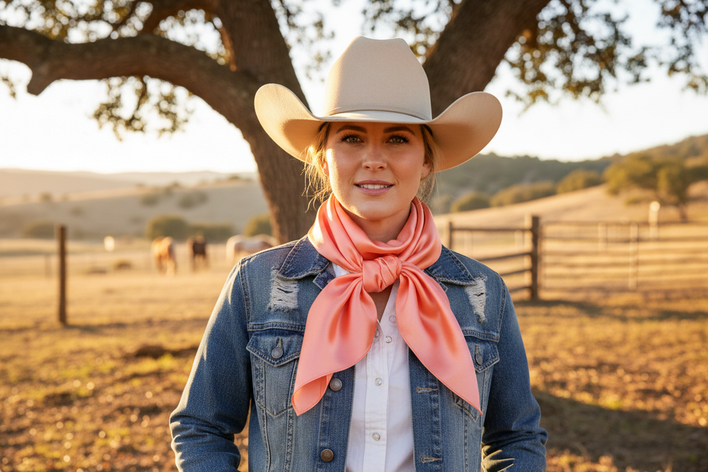 Peach wild rag scarf worn by cowgirl with denim and hat