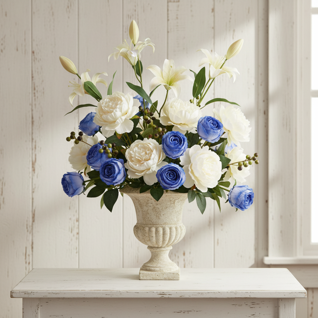 Periwinkle Blue Artificial Rose Bouquet 18 Stem 14 Inch Dried Look Silk Flowers for Cottage Wedding Farmhouse Decor