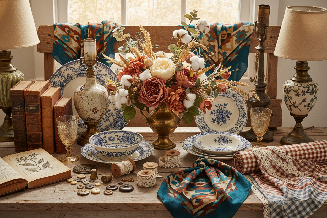 Pick an image that represents the rustic, vintage, western aesthetic of your store. add a silk floral arrangement, A couple wild rag scarfs, Vintage lamps and dishes, fabric and crafts, and a variety of books