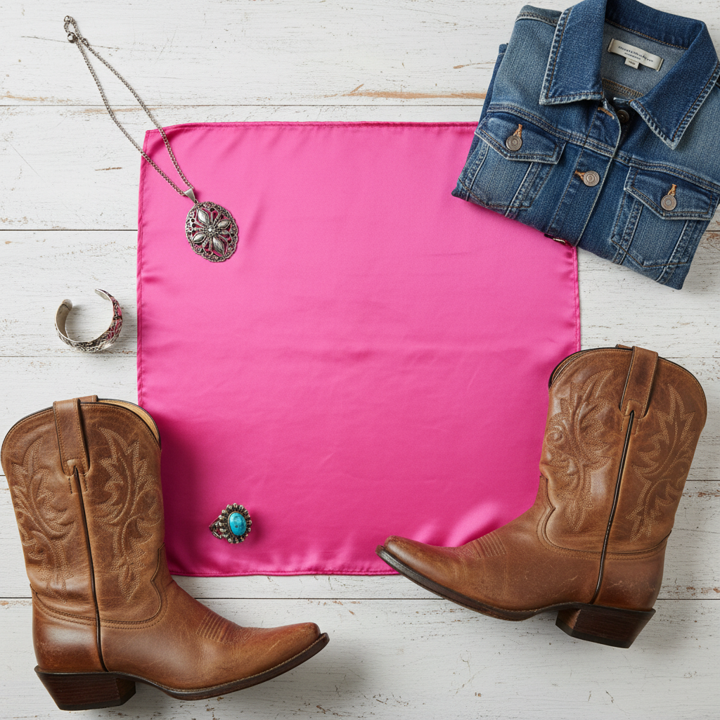 Pink satin scarf 19x19 flat lay with western accessories