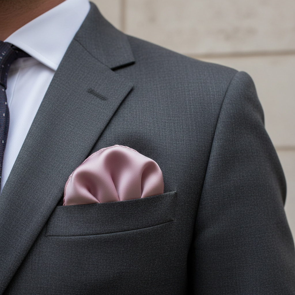 Pink satin scarf 19x19 folded as pocket square in blazer