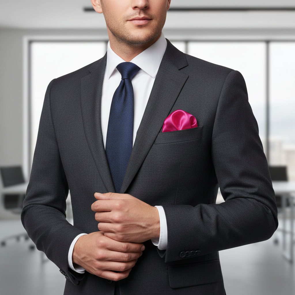 Pink satin scarf 19x19 folded as pocket square in blazer