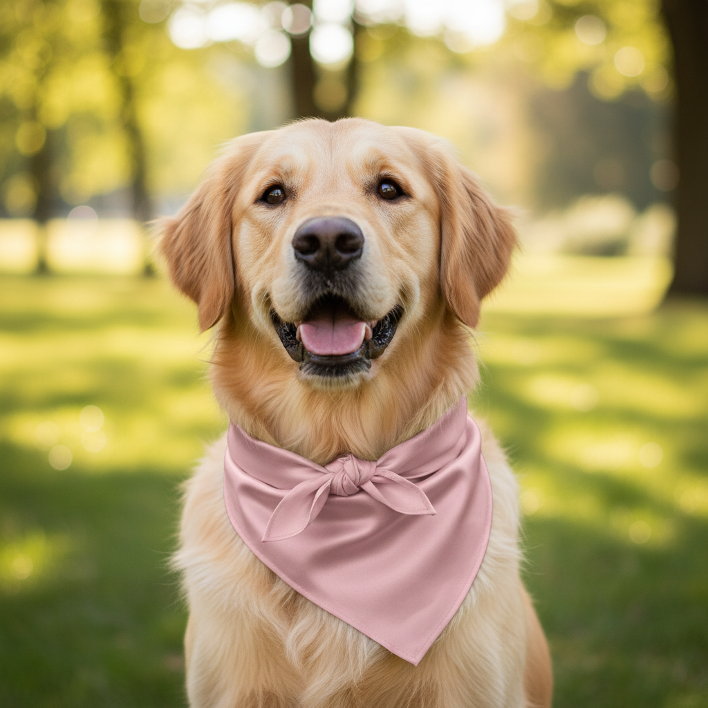 Pink satin scarf 19x19 tied as bandana on dog