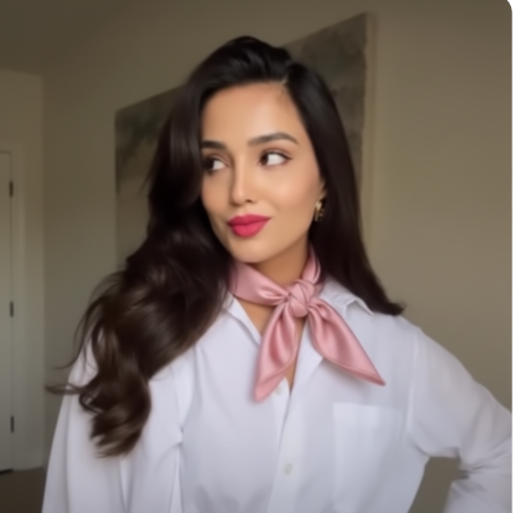 Pink satin scarf 19x19 tied as neckerchief ascot style at neck with white shirt