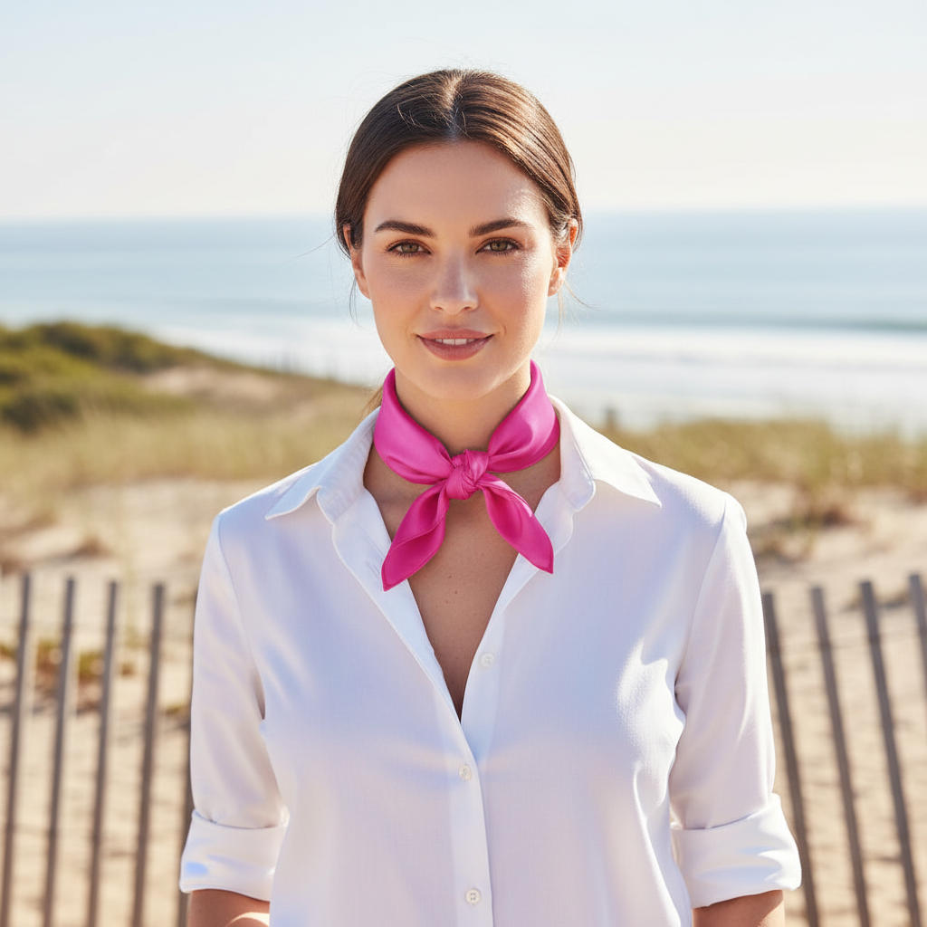Pink satin scarf 19x19 tied as neckerchief ascot style at neck