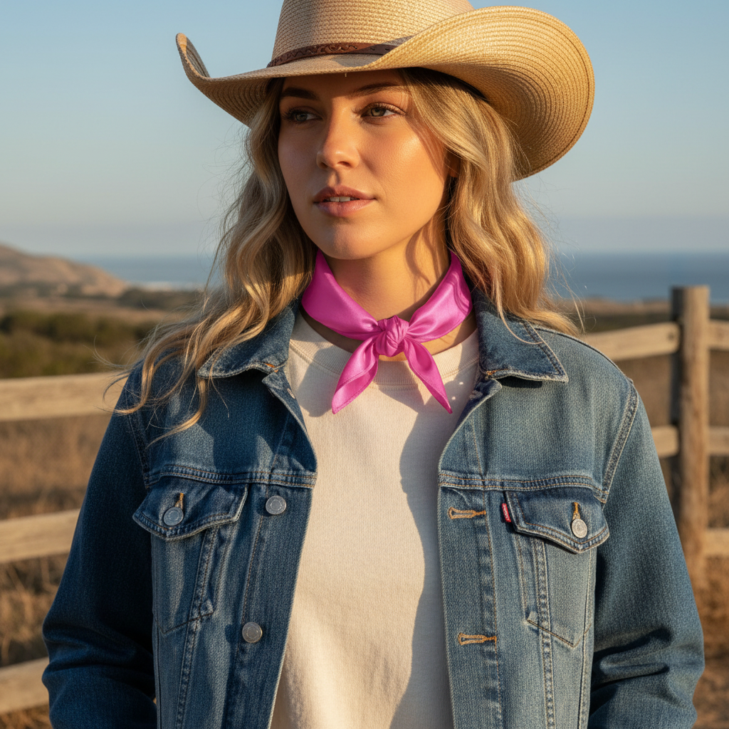 Pink satin scarf 19x19 tied as neckerchief on woman