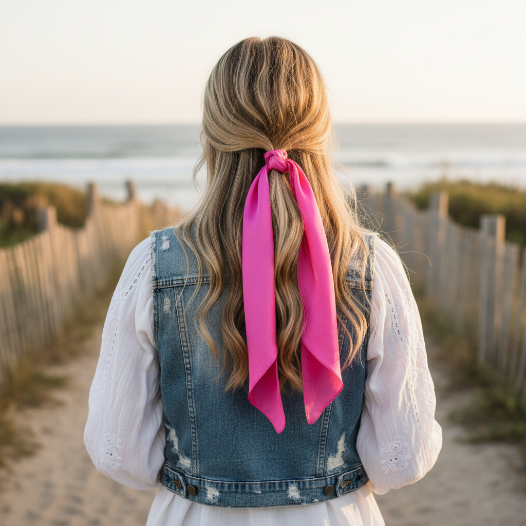Pink satin scarf 19x19 tied at ponytail draping down