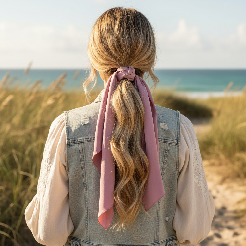 Pink satin scarf 19x19 tied at ponytail with long blonde hair boho chic style