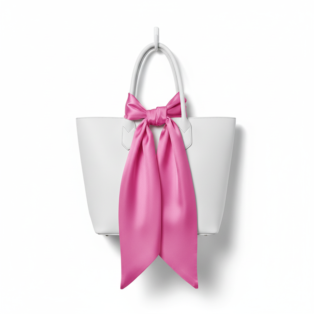 Pink satin scarf 19x19 tied on white purse draping down