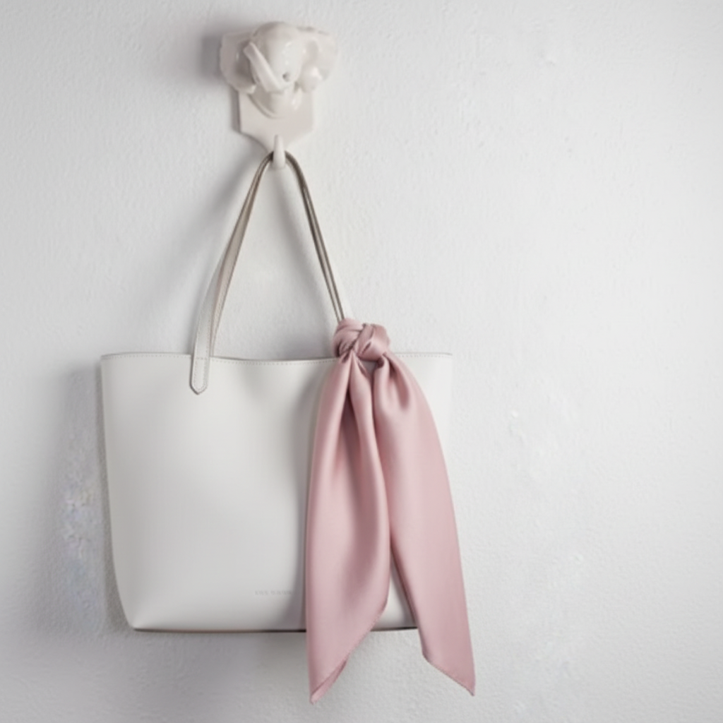 Pink satin scarf 19x19 tied on white tote or beach bag draping down