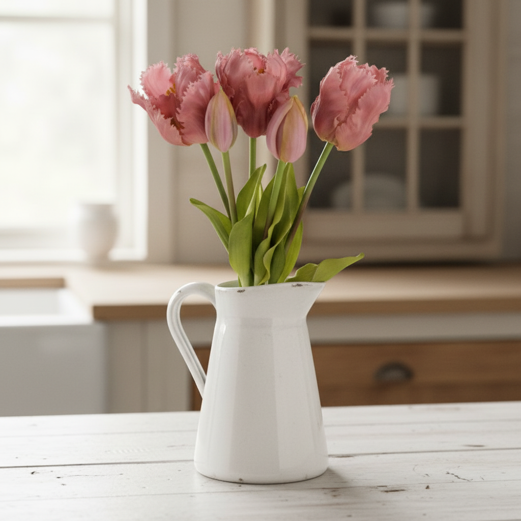Pink artificial tulips in white ceramic pitcher - spring table centerpiece
