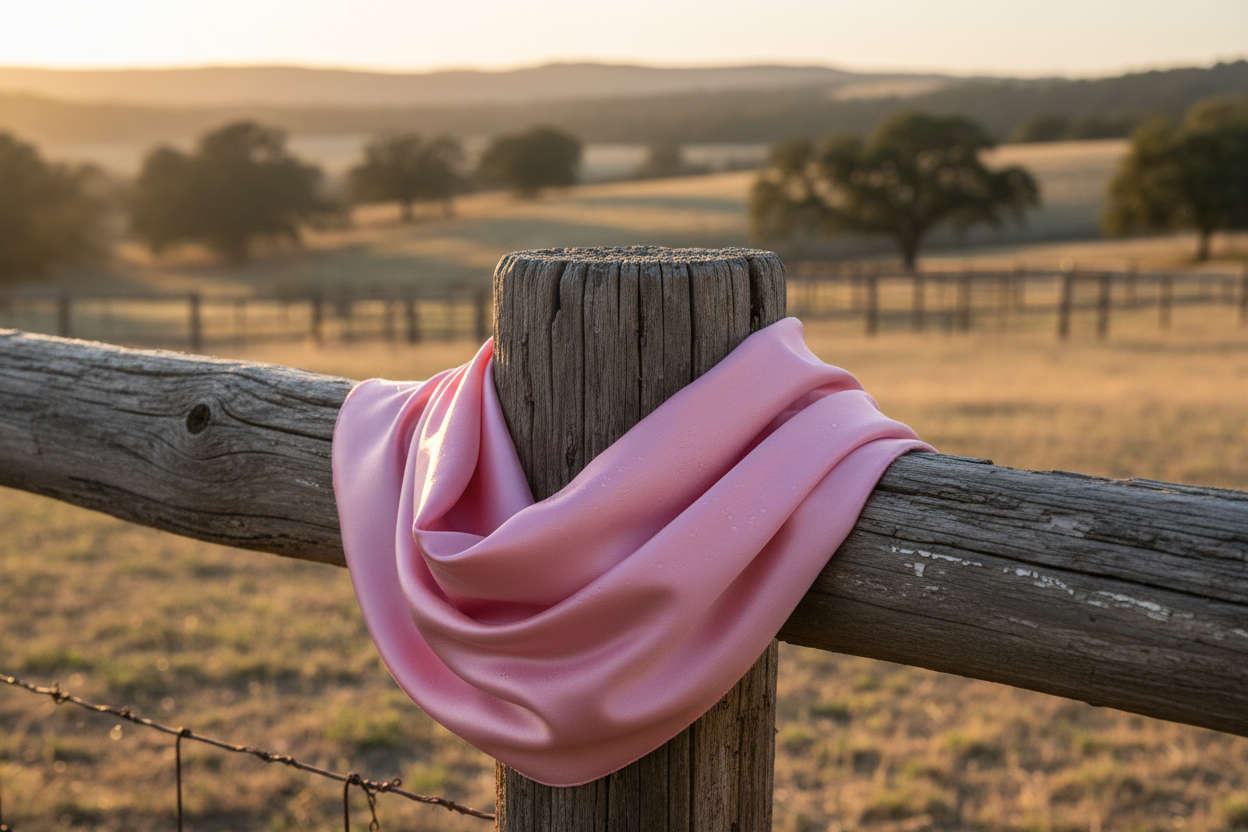 Pink wild rag scarf draped over ranch fence post