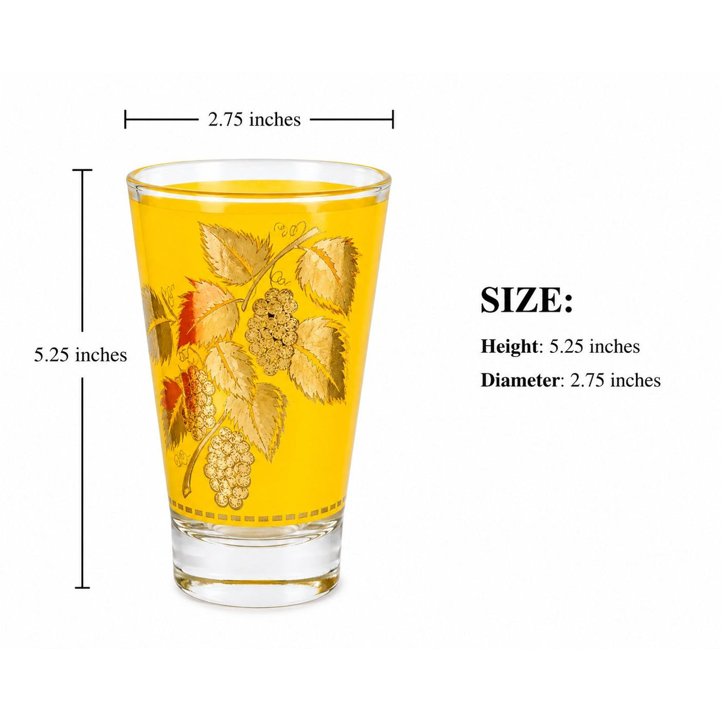 Vintage Libbey Yellow Grape Leaf Glass Gold Leaf Barware Mid Century Cocktail Tumbler 1950s Retro Drinking Glass Replacement Glass Measurements 