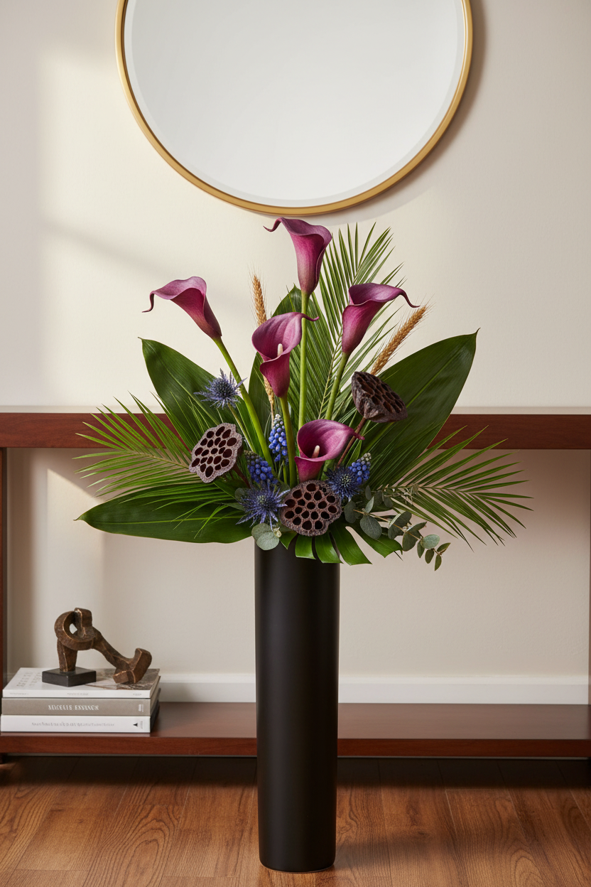 Plum purple calla lily tropical entryway arrangement in tall black vase with lotus pods, globe thistle, muscari, palm fronds and wheat on walnut console with gold mirror