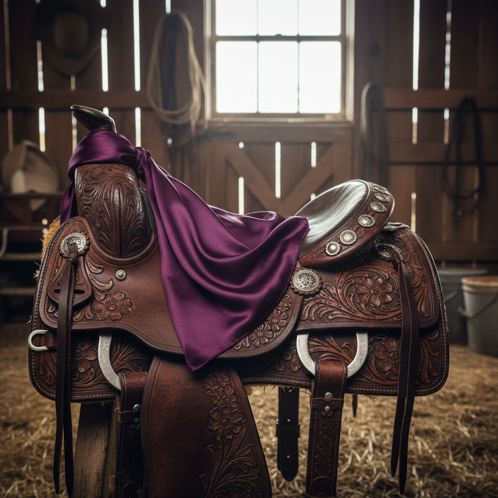 Plum purple wild rag 23x23 draped over western saddle with tack