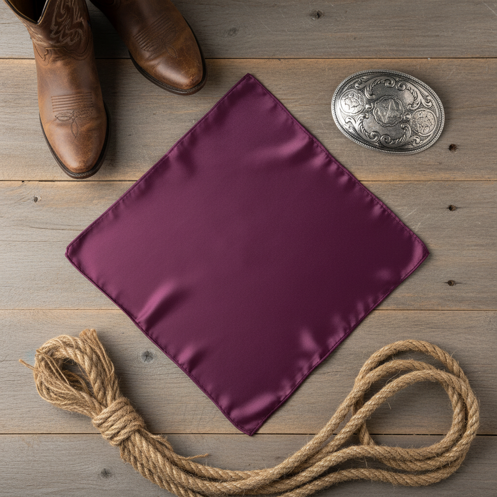 Plum purple wild rag 23x23 laid flat in square shape with western accessories
