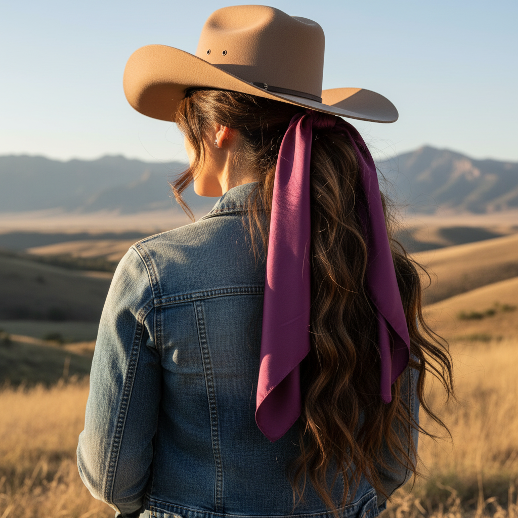 Plum purple wild rag 23x23 scarf styled as hair tie on cowgirl