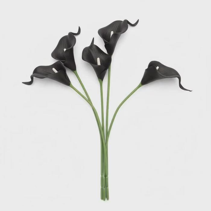 Black Calla Lily Faux Flowers Set of 5 Artificial Stems Gothic Modern Home Decor