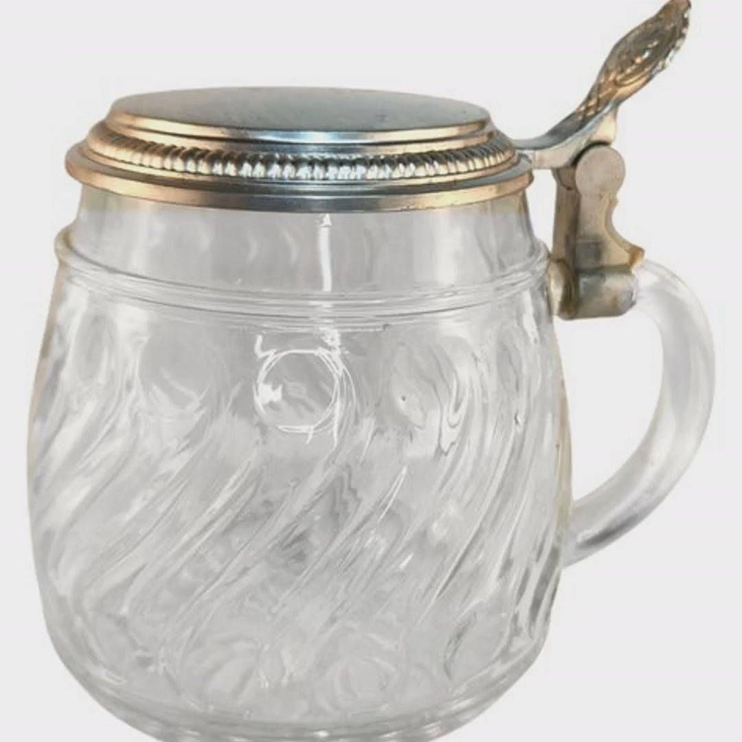 Vintage BMF Glass Beer Stein with Pewter Lid, West Germany, Swirl Pattern