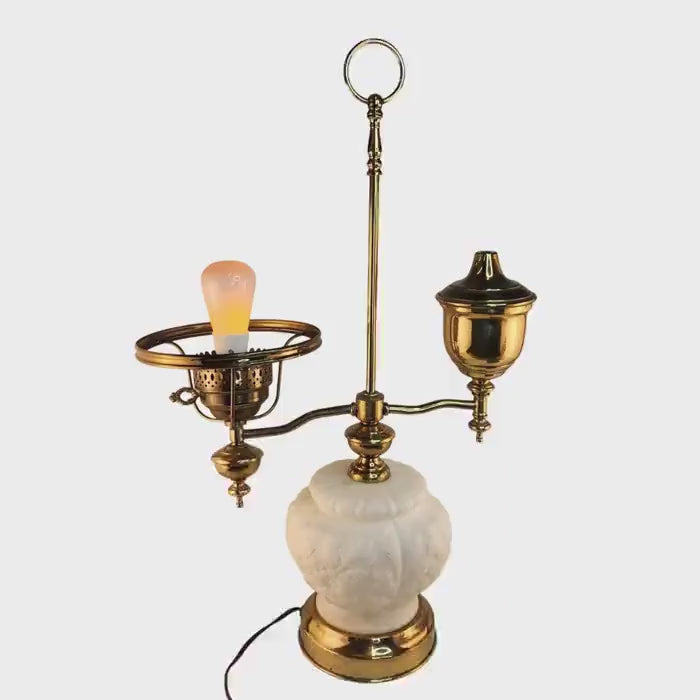 Vintage Victorian Student Lamp Brass Milk Glass Dual Light Desk Lamp Oil Electric Style 24in