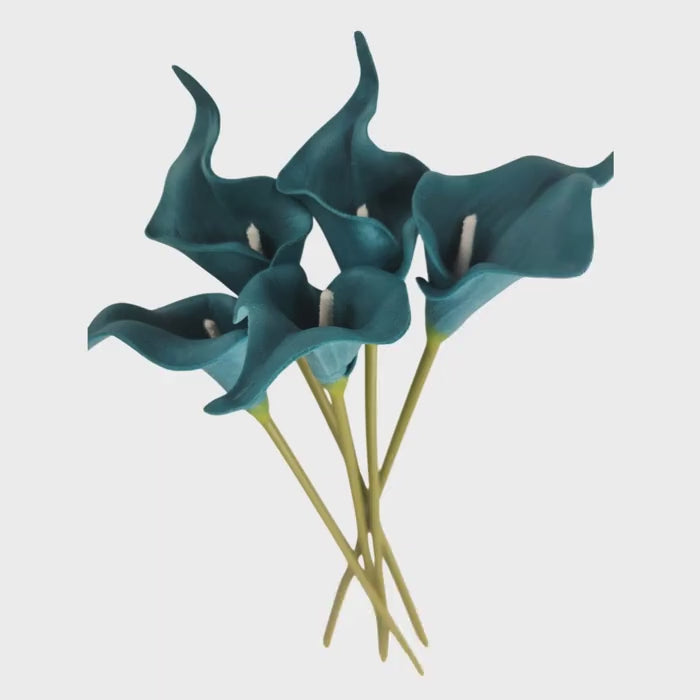 Teal Calla Lily Stems Faux Floral Bouquet Peacock Blue Flowers 5 Stem Bunch Modern Coastal Decor Vase Arrangement