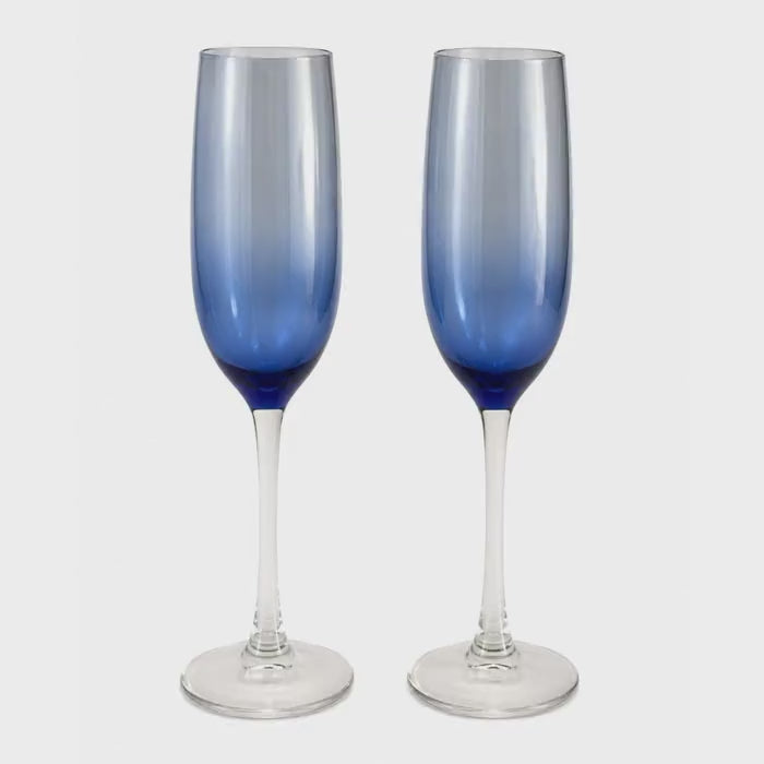 Vintage Libbey Vina Blue Ombre Champagne Flutes Set of 2, 1980s Sparkling Wine Glasses, Elegant Wedding Barware