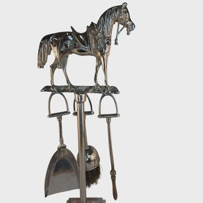 Vintage Chrome Horse Fireplace Tool Set 1970s Western Equestrian Decor 19.5 Inch