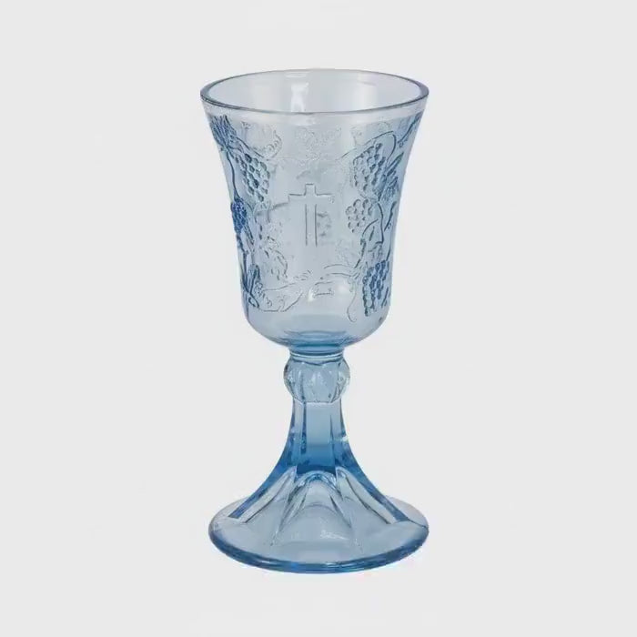Vintage Tiara Indiana Glass Blue Last Supper Communion Chalice Church Wine Goblet Cross Design 7 Inch