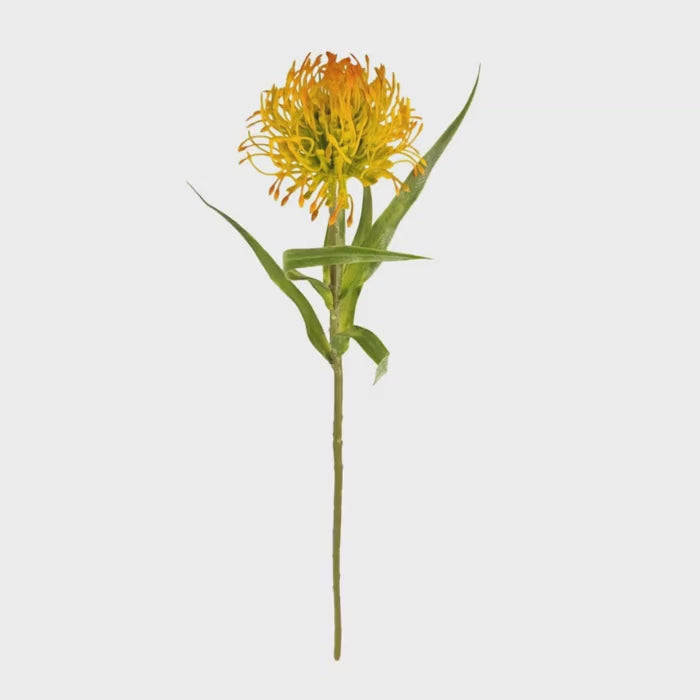Artificial Yellow Orange Pincushion Protea Stem | Faux Leucospermum Flower | Tropical Floral Decor