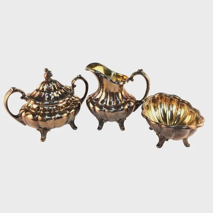 Vintage Reed & Barton 7050 Holiday Silver Plated Sugar Bowl Creamer Mint Bowl Set Victorian Style Made in USA
