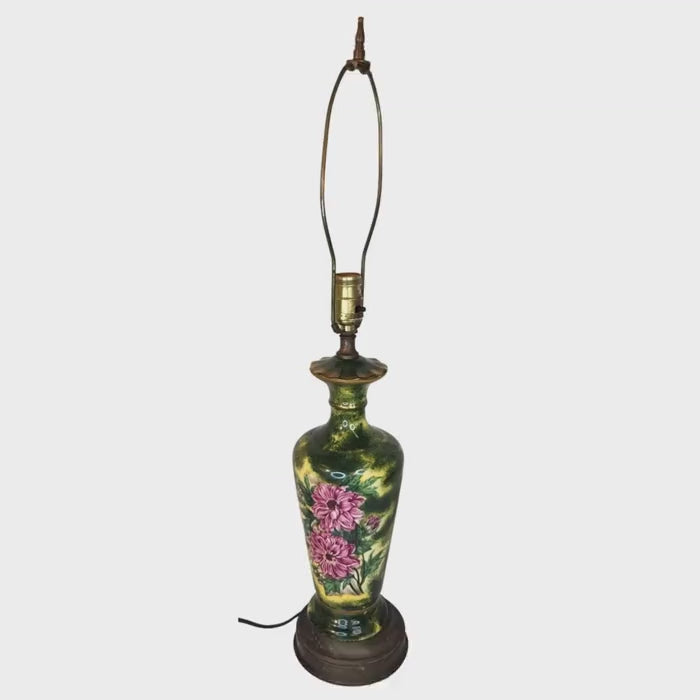 Vintage floral ceramic table lamp, hand painted Victorian style lamp, cottagecore decor, signed RE Rose lamp, green pink lighting