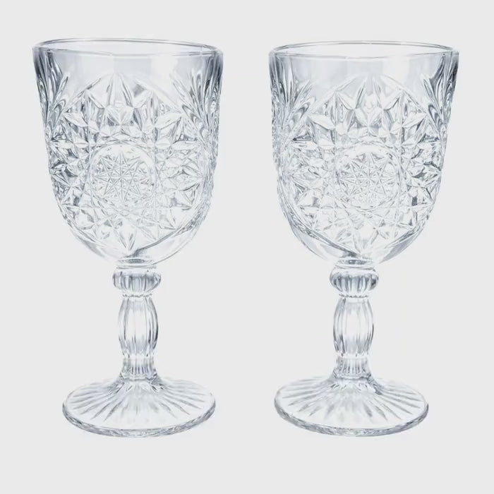 Libbey Hobstar Goblets Set of 2 Vintage Clear Pressed Glass Star of David Wedding Table Wine Glasses 12 oz