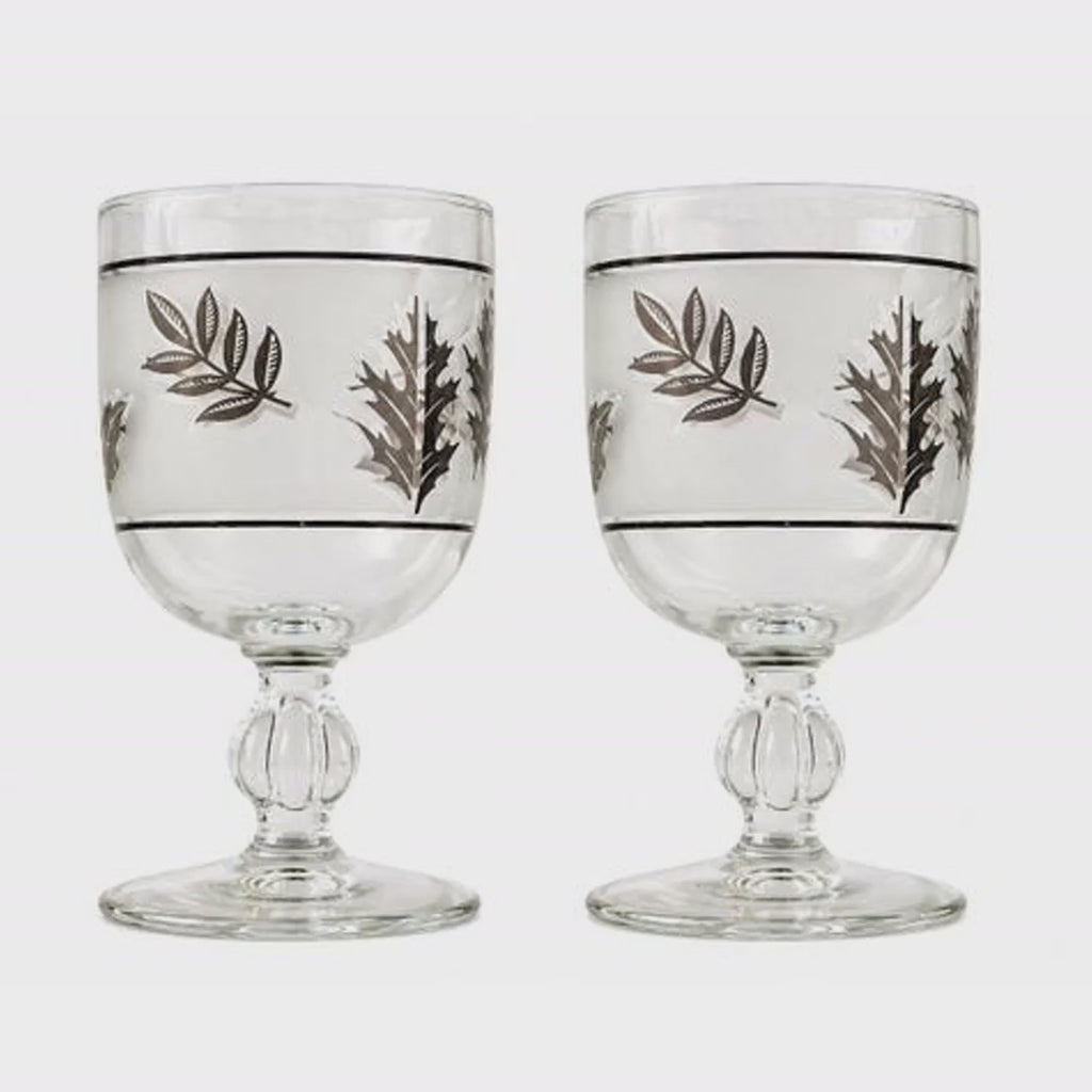 Vintage Libbey Frosted Glass Silver Leaf Wine Goblets, Set of 2, 5.5 Inch