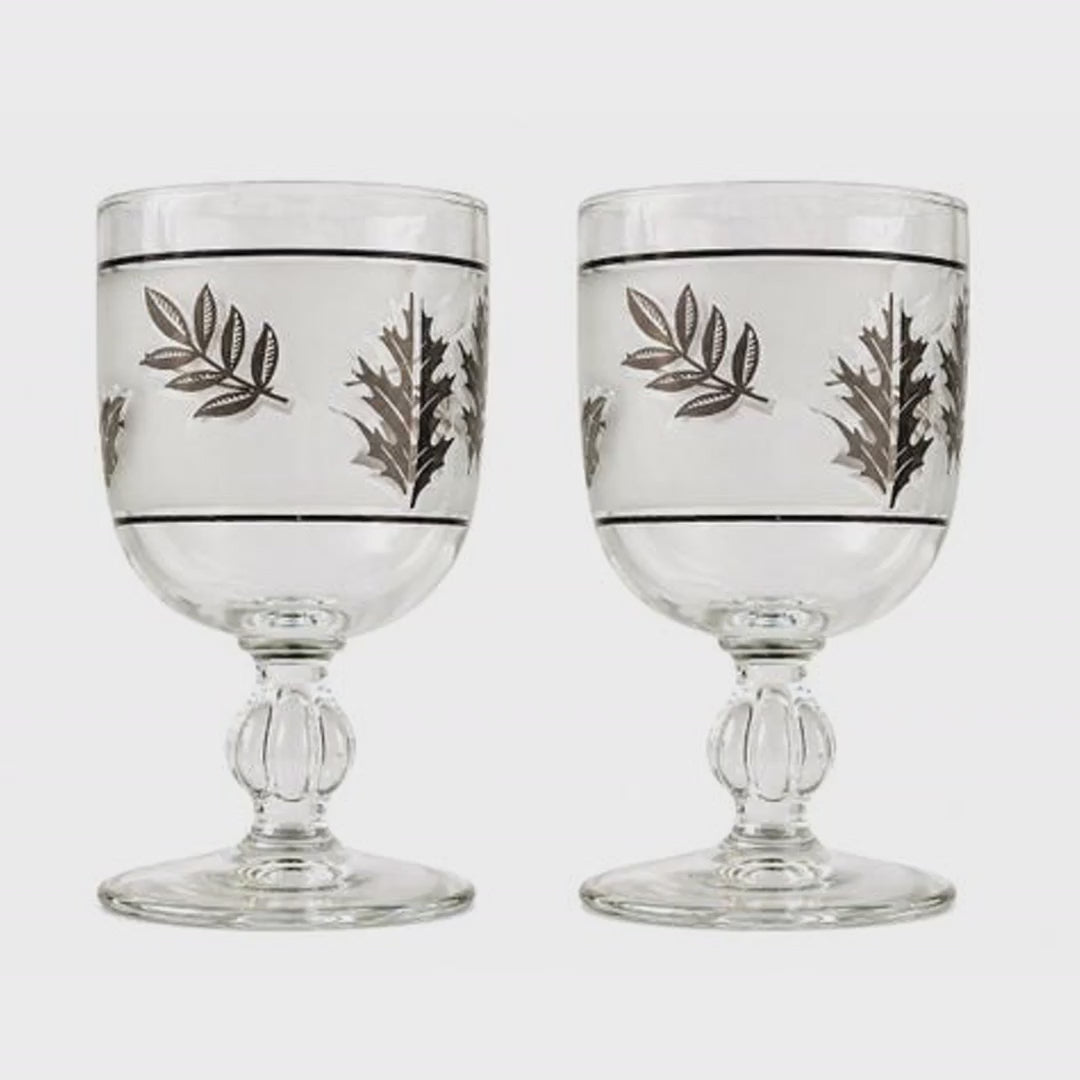 Vintage Libbey Frosted Glass Silver Leaf Wine Goblets, Set of 2, 5.5 Inch