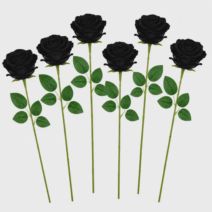 Set of 6 Black Velvet Roses Gothic Artificial Flowers Moody Wedding Roses Halloween Floral Decor Long Stem Faux Roses
