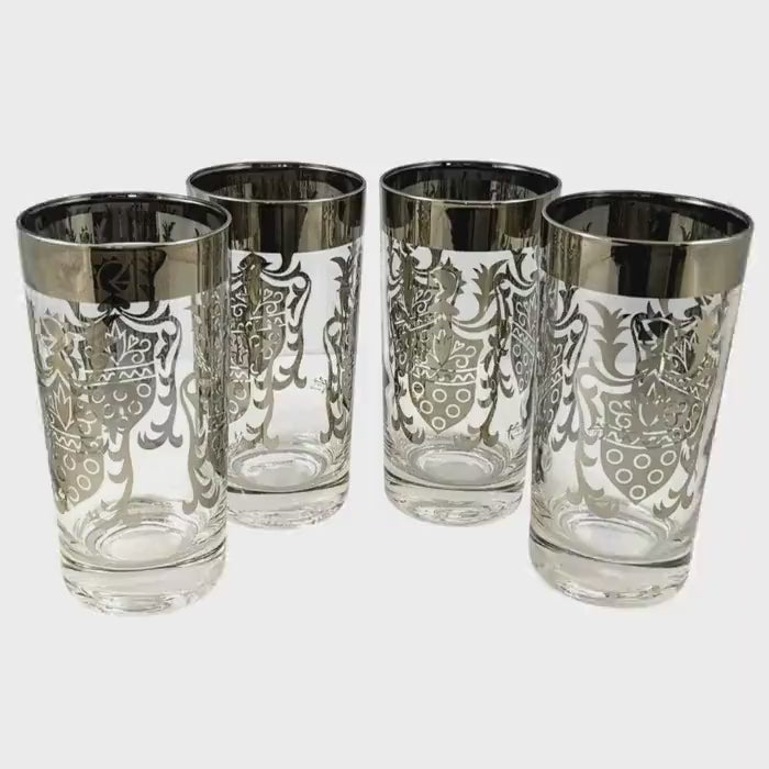 Vintage Kimiko Highball Glasses Set of 4 Silver Guardian Shield Coat of Arms Mid Century Modern Barware