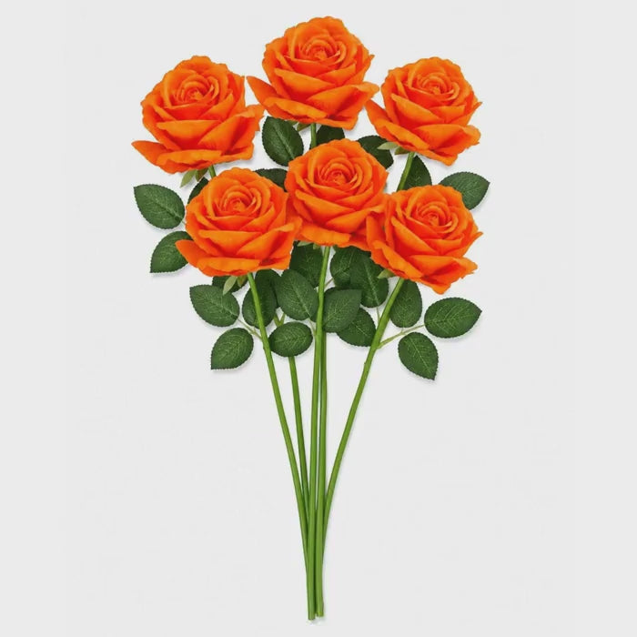 Artificial Orange Rose Stems Set of 6 Faux Fall Roses 20 Inch Halloween Wedding Rustic Farmhouse Decor